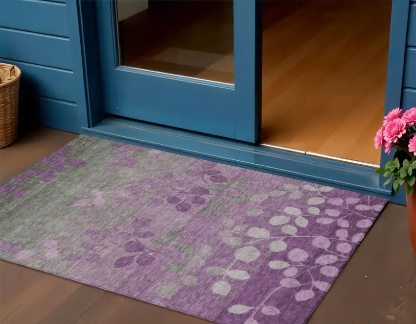 Purple And Gray Floral Washable Indoor Outdoor Area Rug Photo 2