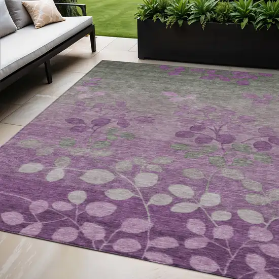 Purple And Gray Floral Washable Indoor Outdoor Area Rug Photo 2