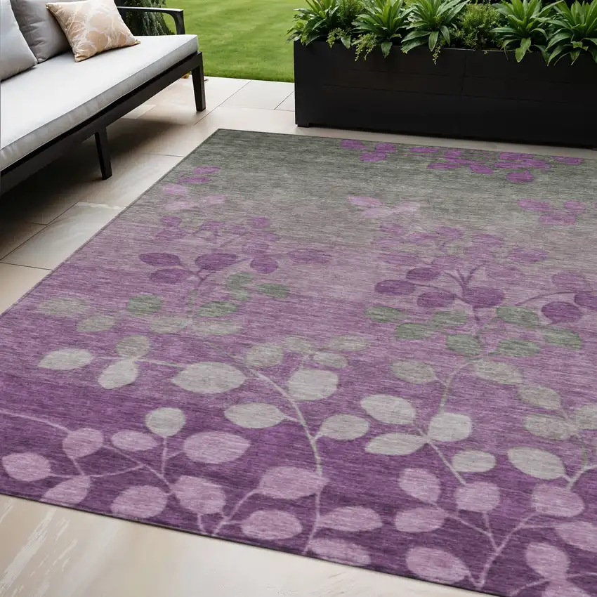 Purple And Gray Floral Washable Indoor Outdoor Area Rug Photo 2