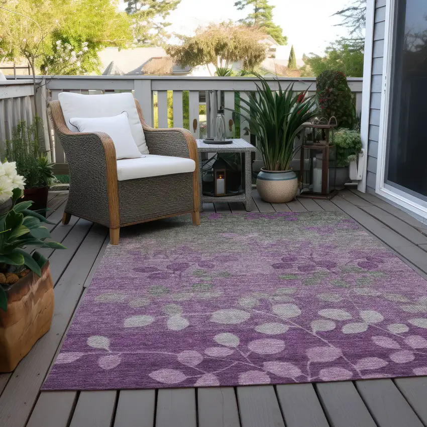 Purple And Gray Floral Washable Indoor Outdoor Area Rug Photo 4