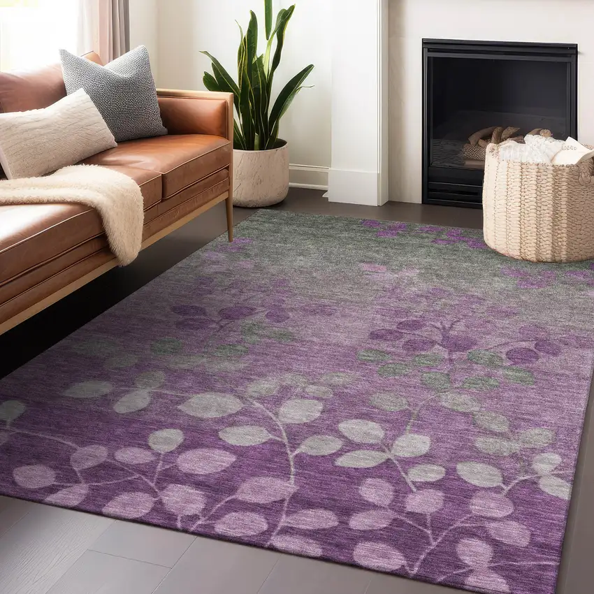 Purple And Gray Floral Washable Indoor Outdoor Area Rug Photo 6