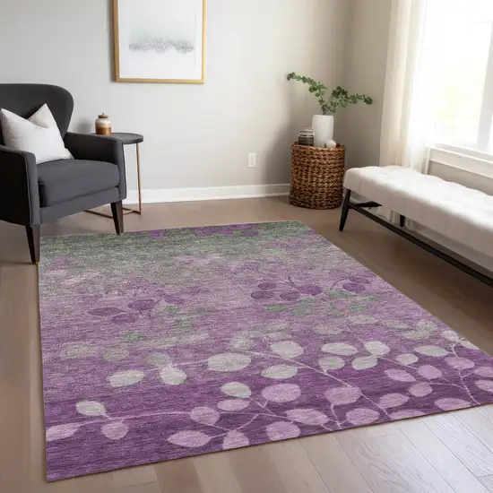 Purple And Gray Floral Washable Indoor Outdoor Area Rug Photo 7
