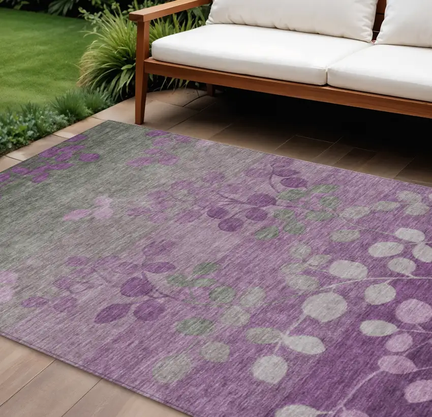 Purple And Gray Floral Washable Indoor Outdoor Area Rug Photo 2