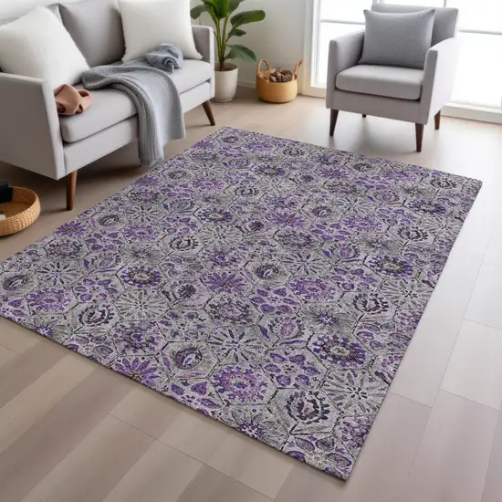 Purple And Gray Floral Washable Indoor Outdoor Area Rug Photo 6