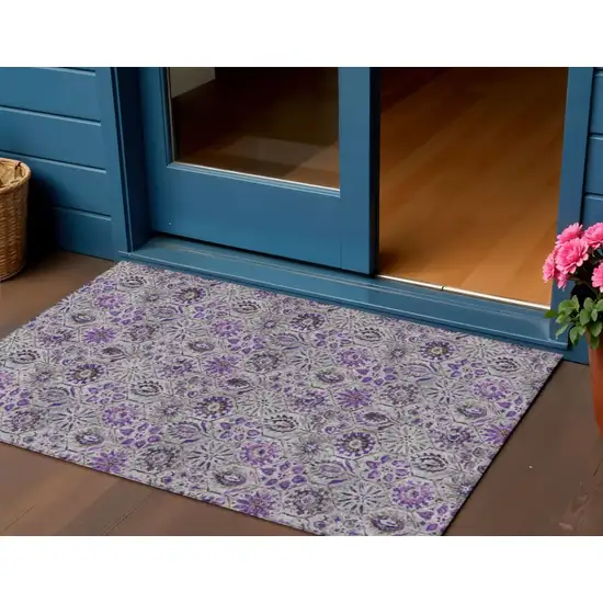 Purple And Gray Floral Washable Indoor Outdoor Area Rug Photo 2