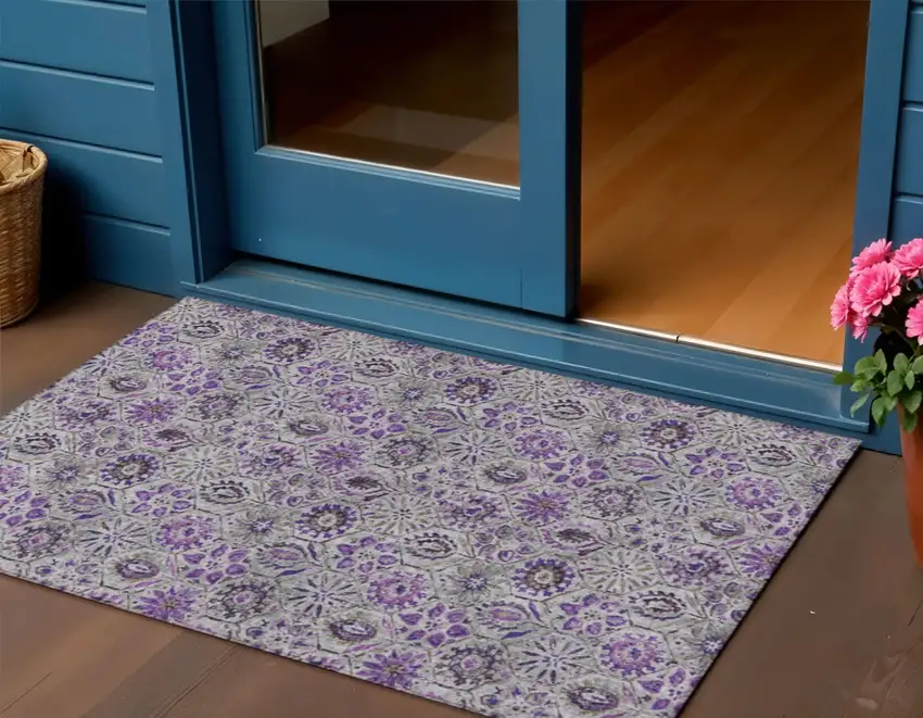 Purple And Gray Floral Washable Indoor Outdoor Area Rug Photo 2