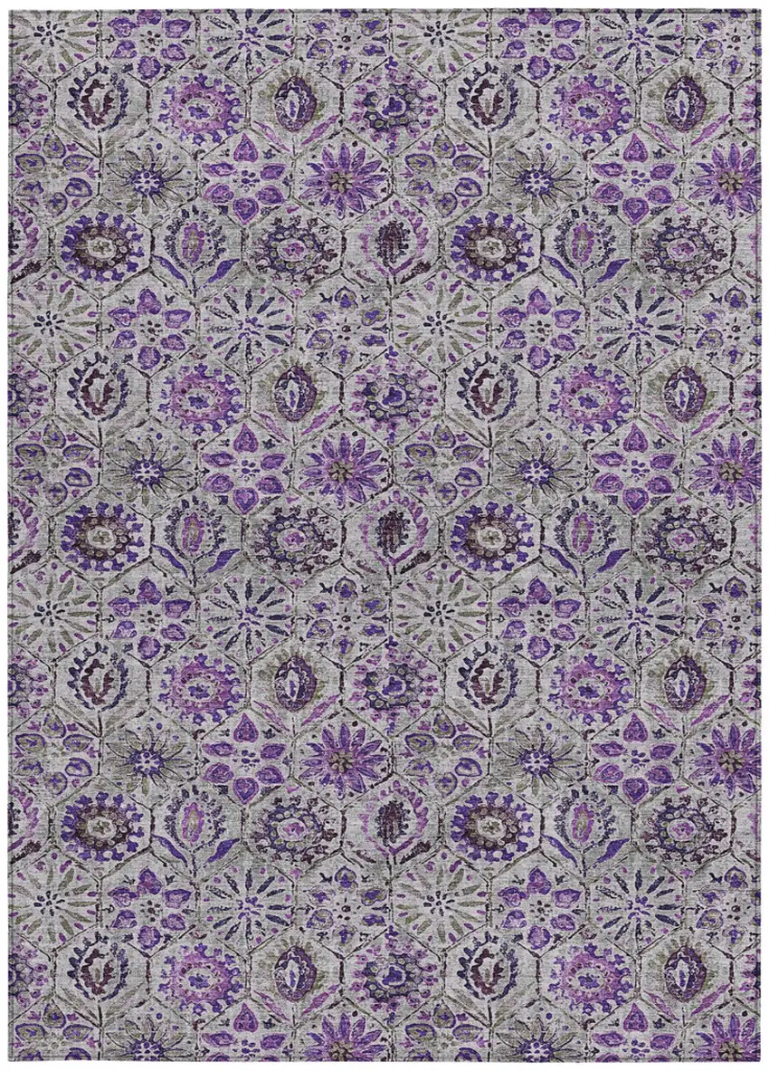 Purple And Gray Floral Washable Indoor Outdoor Area Rug Photo 3