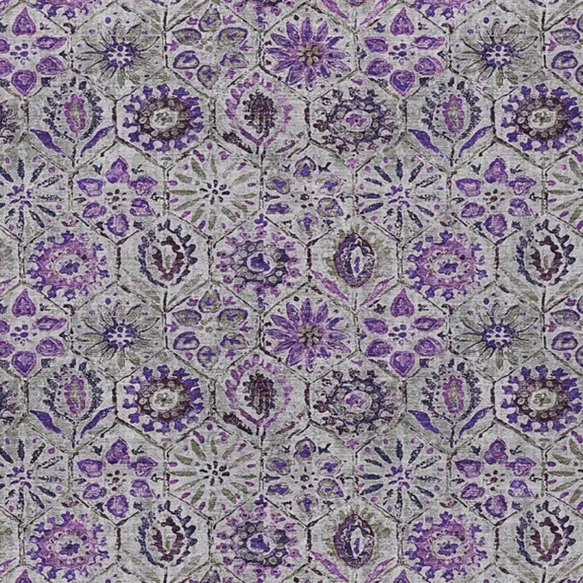 Purple And Gray Floral Washable Indoor Outdoor Area Rug Photo 3