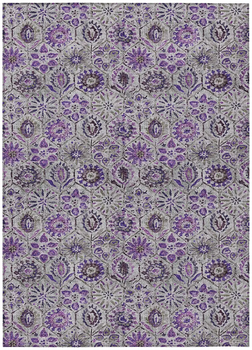 Purple And Gray Floral Washable Indoor Outdoor Area Rug Photo 1