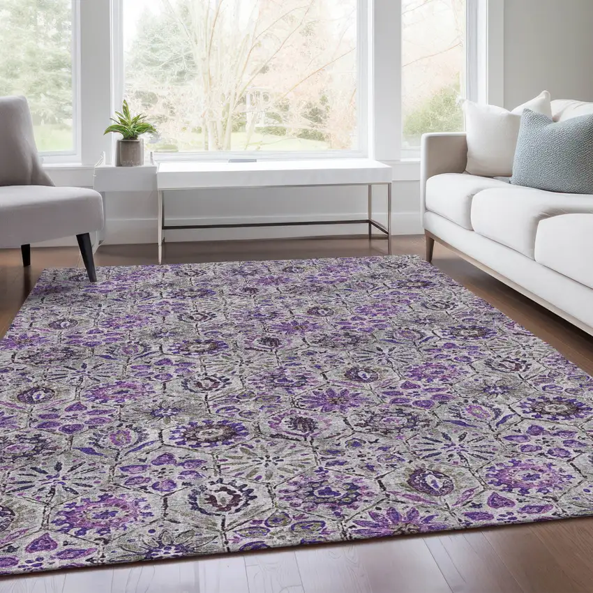 Purple And Gray Floral Washable Indoor Outdoor Area Rug Photo 7
