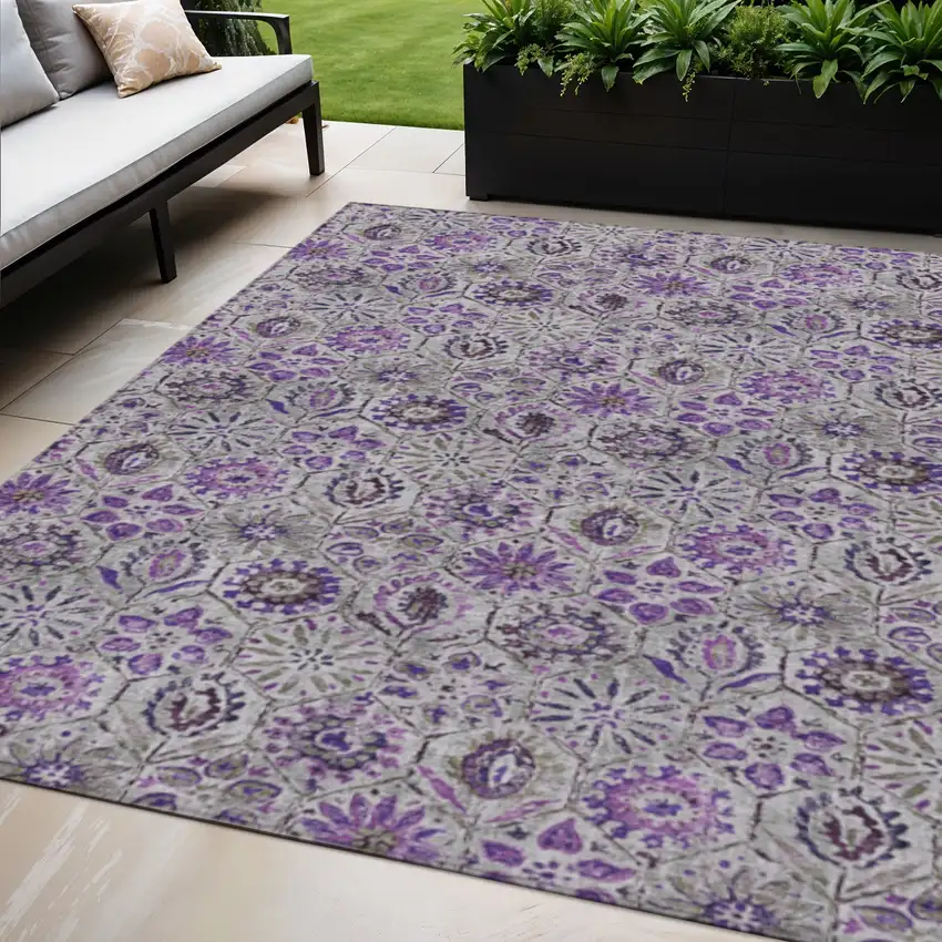 Purple And Gray Floral Washable Indoor Outdoor Area Rug Photo 2