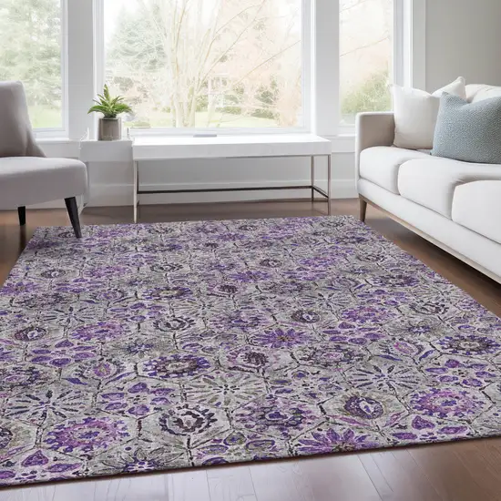 Purple And Gray Floral Washable Indoor Outdoor Area Rug Photo 7