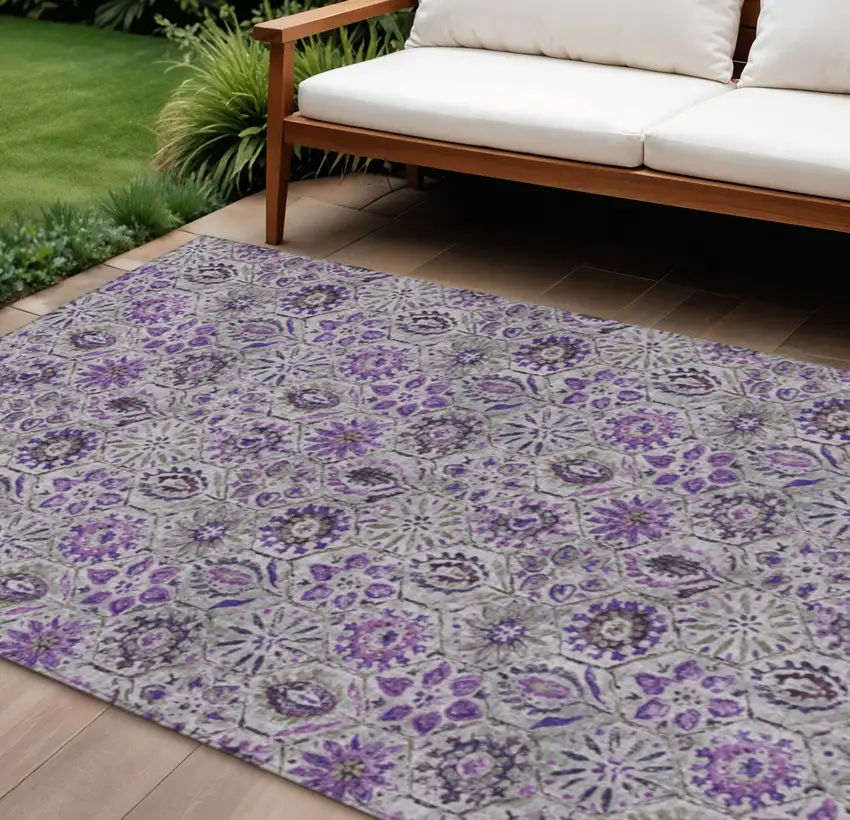 Purple And Gray Floral Washable Indoor Outdoor Area Rug Photo 2