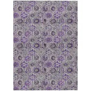 Photo of Purple And Gray Floral Washable Indoor Outdoor Area Rug