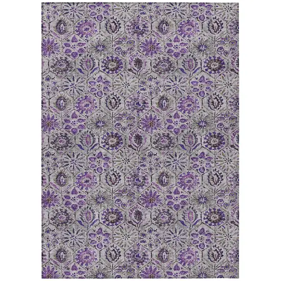Purple And Gray Floral Washable Indoor Outdoor Area Rug Photo 1