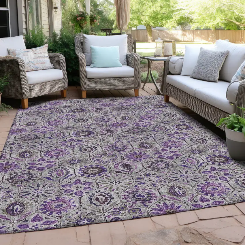 Purple And Gray Floral Washable Indoor Outdoor Area Rug Photo 5