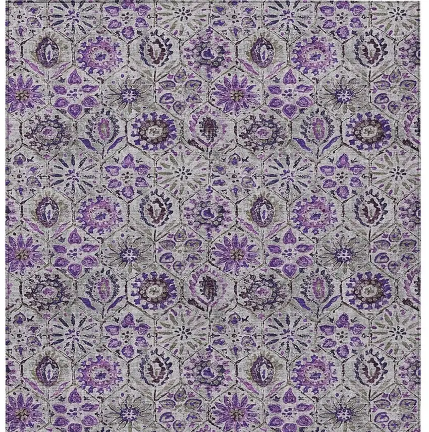 Purple And Gray Floral Washable Indoor Outdoor Area Rug Photo 4
