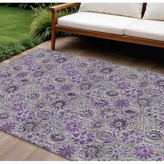Purple And Gray Floral Washable Indoor Outdoor Area Rug Photo 2