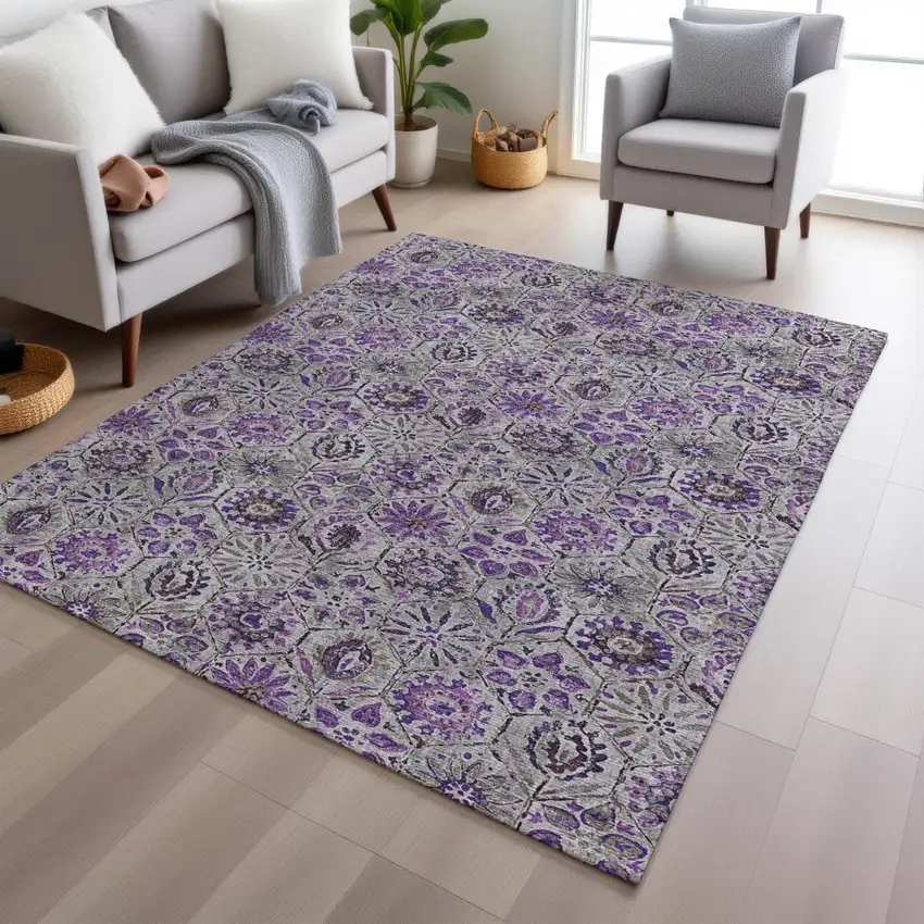 Purple And Gray Floral Washable Indoor Outdoor Area Rug Photo 6