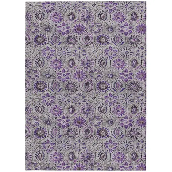 Purple And Gray Floral Washable Indoor Outdoor Area Rug Photo 3