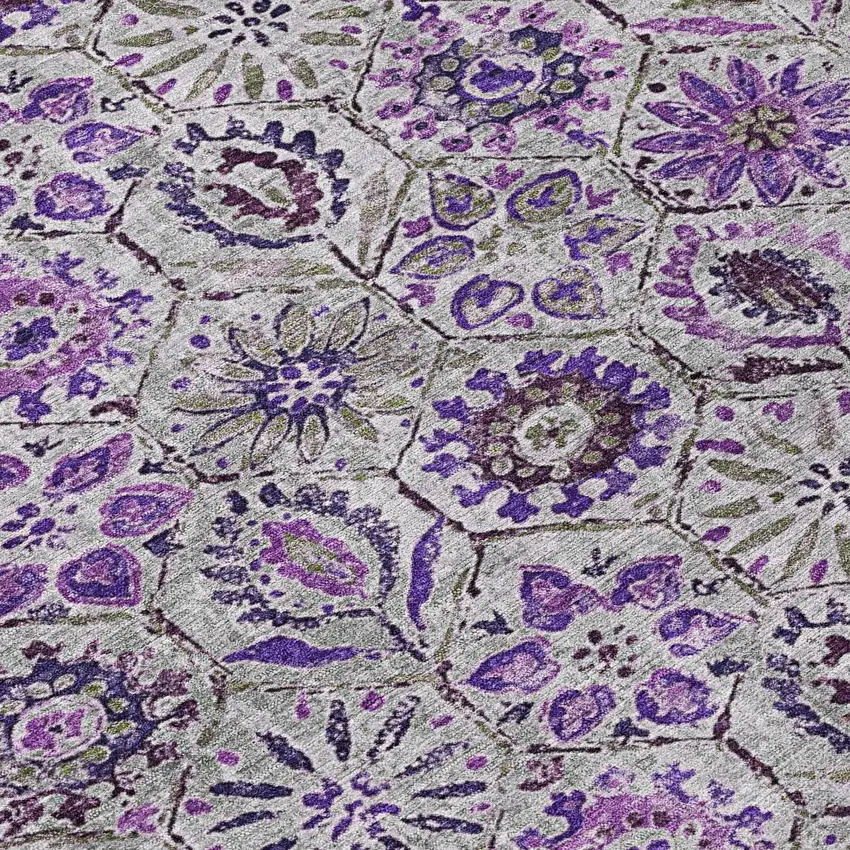 Purple And Gray Floral Washable Indoor Outdoor Area Rug Photo 8