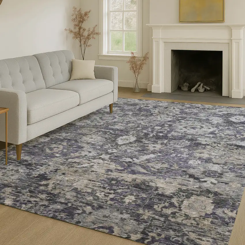 Purple And Gray Floral Washable Indoor Outdoor Area Rug Photo 6