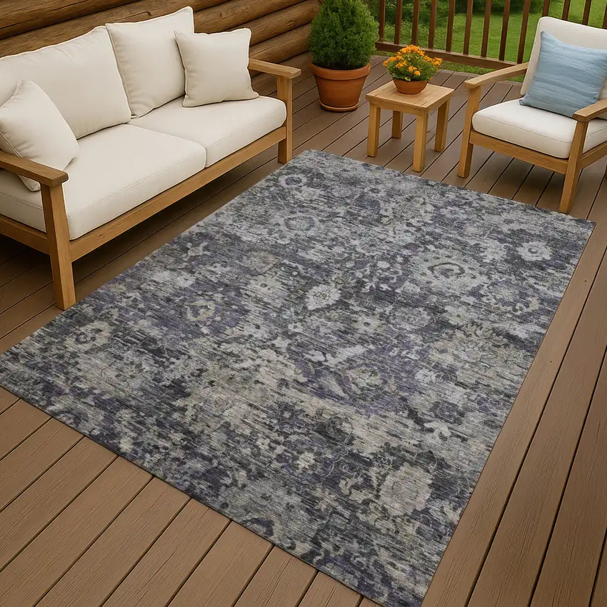 Purple And Gray Floral Washable Indoor Outdoor Area Rug Photo 4