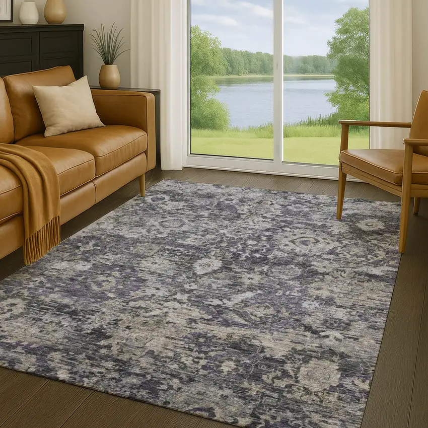 Purple And Gray Floral Washable Indoor Outdoor Area Rug Photo 5