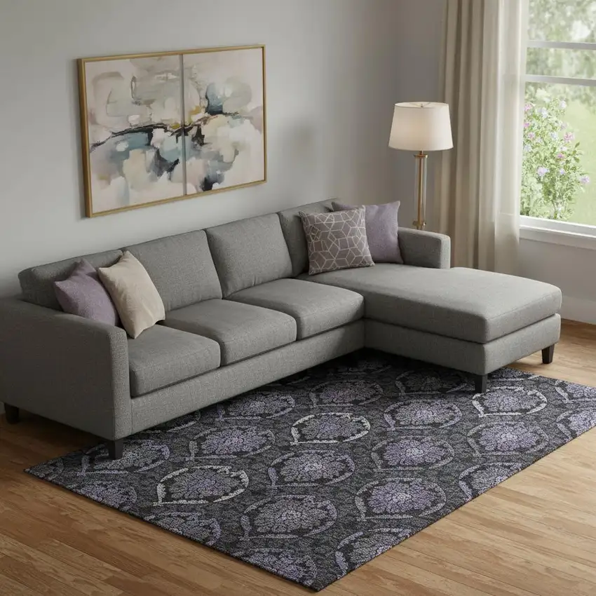 Purple And Gray Medallion Washable Area Rug With UV Protection Photo 1