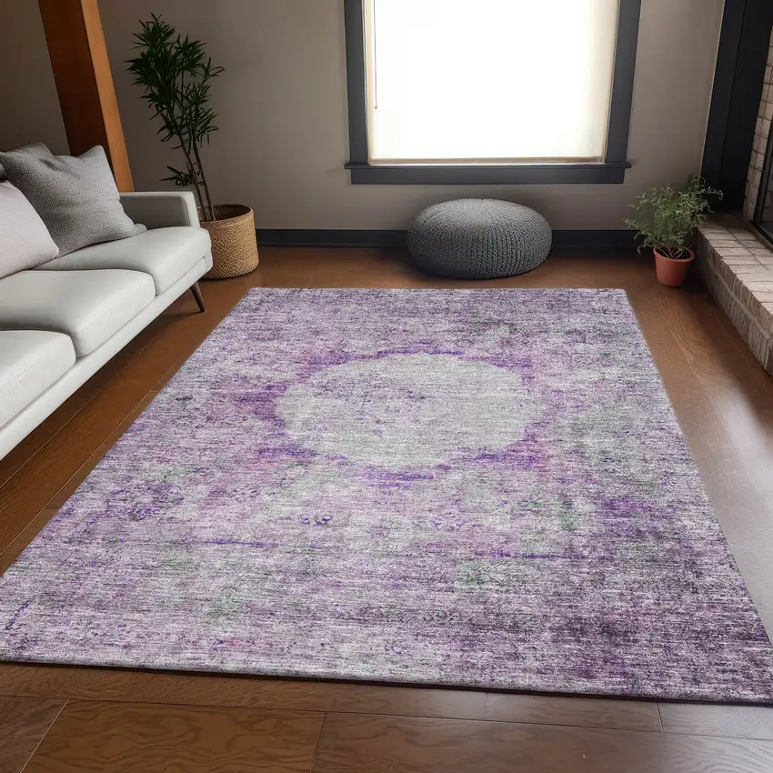 Purple And Gray Oriental Washable Area Rug With UV Protection Photo 4