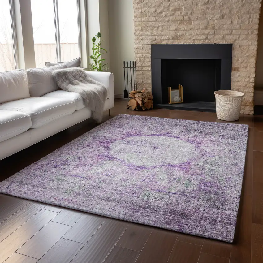 Purple And Gray Oriental Washable Area Rug With UV Protection Photo 5