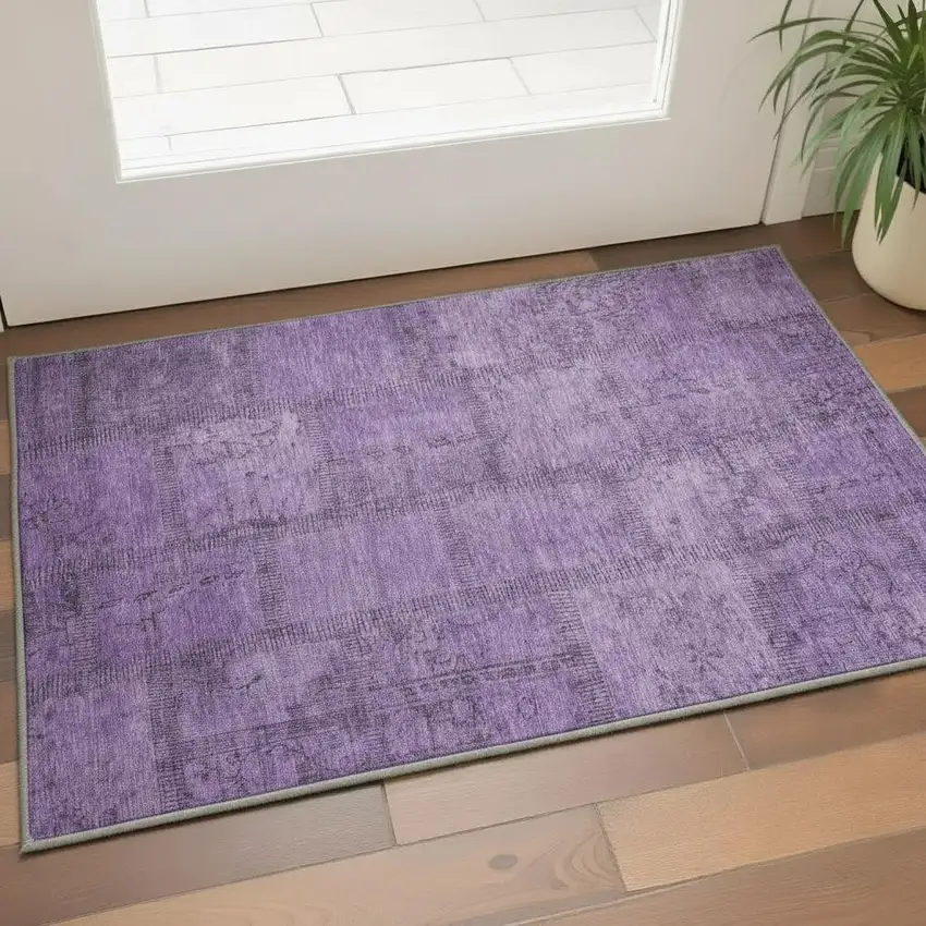 Purple And Gray Patchwork Washable Area Rug With UV Protection Photo 2