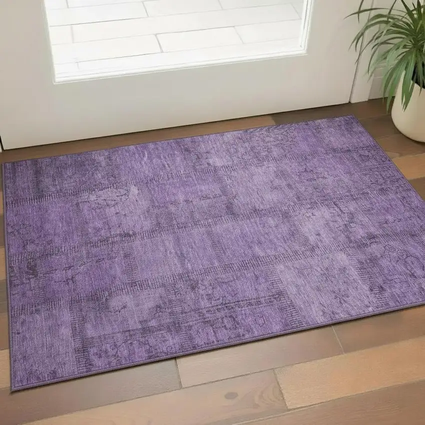 Purple And Gray Patchwork Washable Area Rug With UV Protection Photo 1