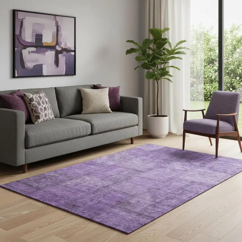 Purple And Gray Patchwork Washable Area Rug With UV Protection Photo 1