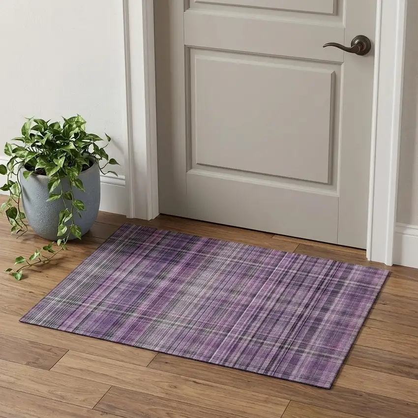 Purple And Gray Plaid Washable Area Rug With UV Protection Photo 1