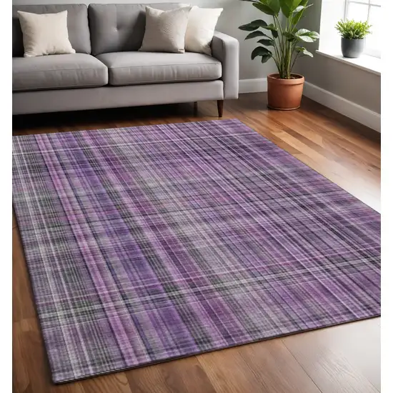 Purple And Gray Plaid Washable Area Rug With UV Protection Photo 2
