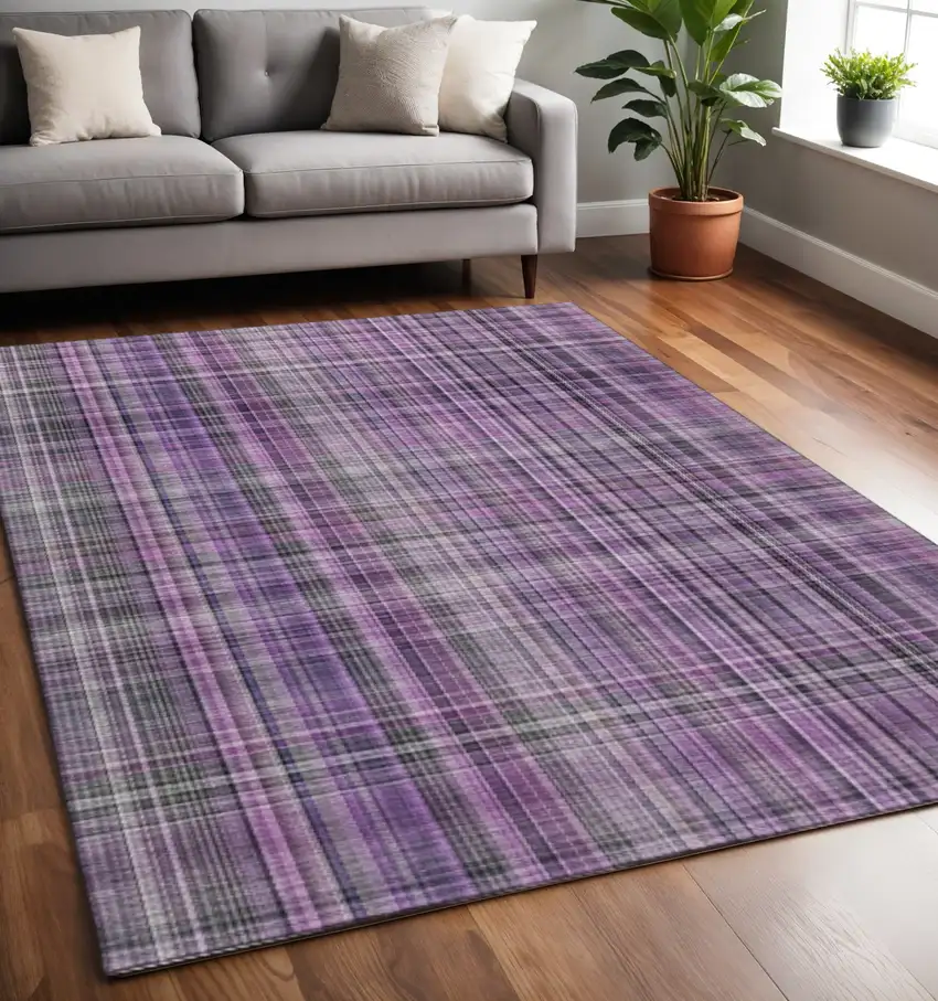 Purple And Gray Plaid Washable Area Rug With UV Protection Photo 2