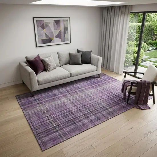 Purple And Gray Plaid Washable Area Rug With UV Protection Photo 1