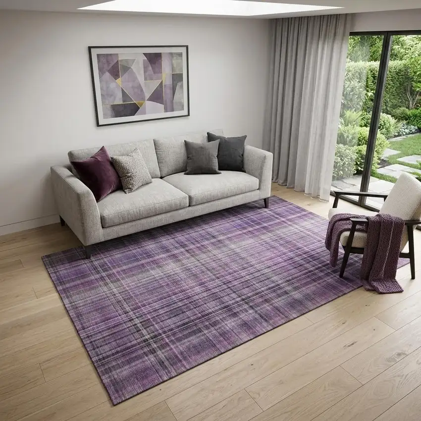 Purple And Gray Plaid Washable Area Rug With UV Protection Photo 1