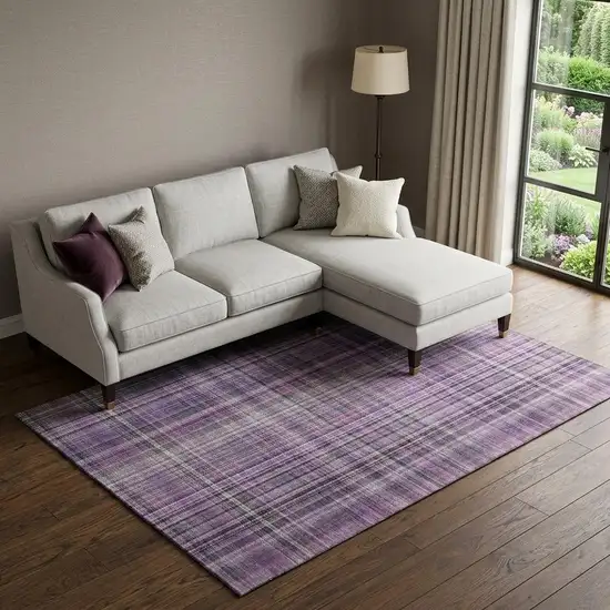Purple And Gray Plaid Washable Area Rug With UV Protection Photo 1