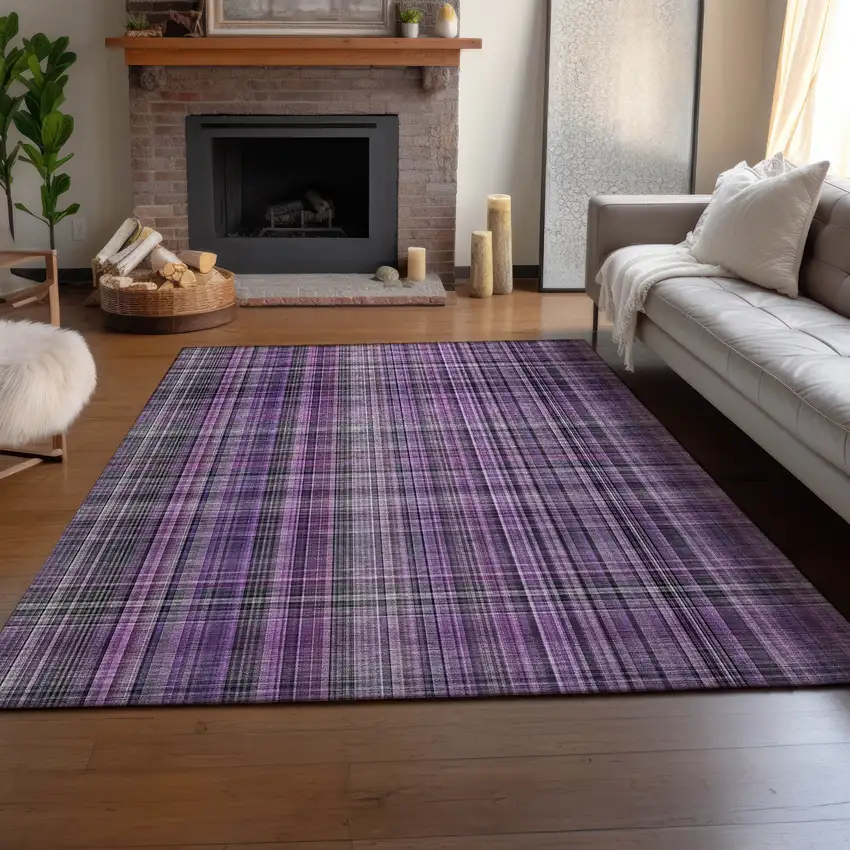 Purple And Gray Plaid Washable Area Rug With UV Protection Photo 6