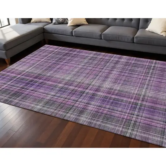 Purple And Gray Plaid Washable Area Rug With UV Protection Photo 2