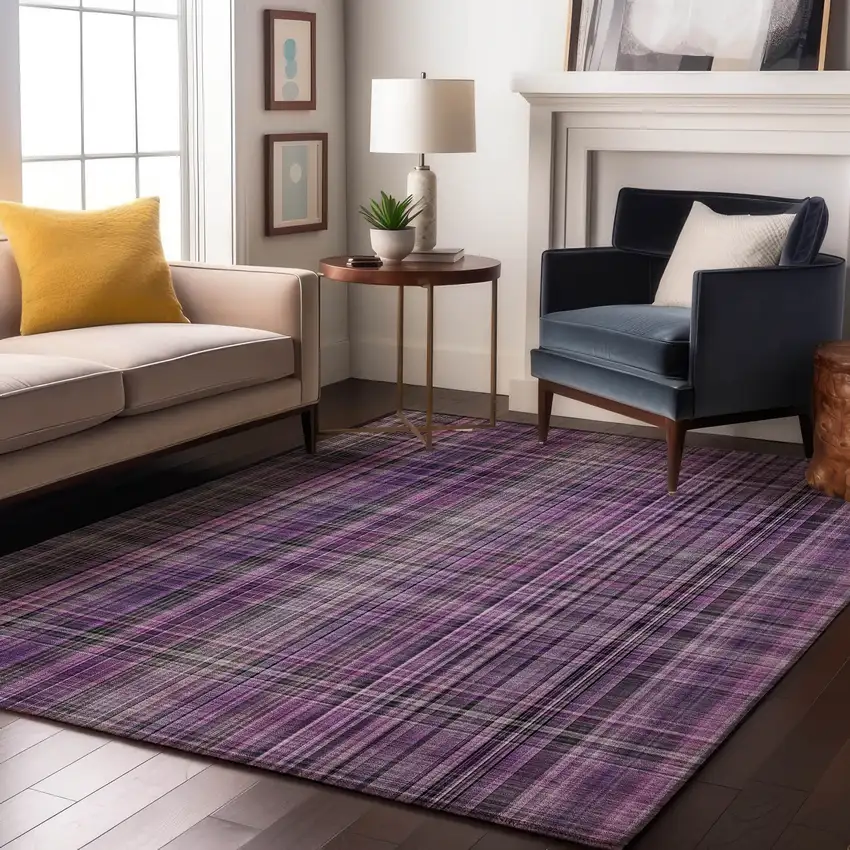 Purple And Gray Plaid Washable Area Rug With UV Protection Photo 5