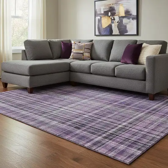 Purple And Gray Plaid Washable Area Rug With UV Protection Photo 1