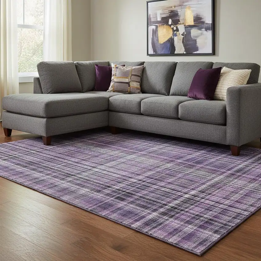 Purple And Gray Plaid Washable Area Rug With UV Protection Photo 1