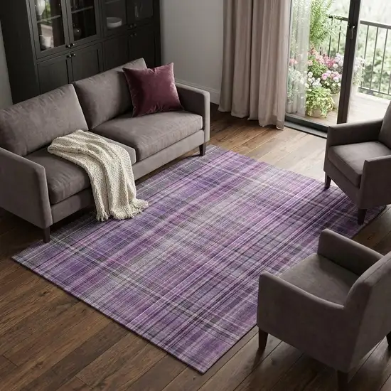 Purple And Gray Plaid Washable Area Rug With UV Protection Photo 1