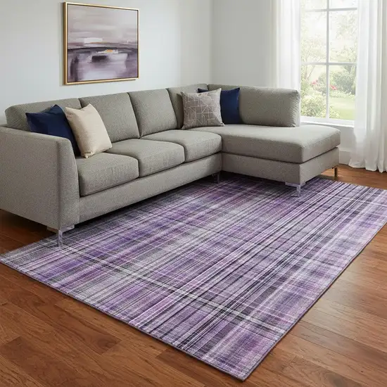 Purple And Gray Plaid Washable Area Rug With UV Protection Photo 1
