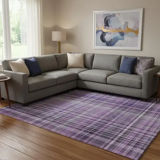 Purple And Gray Plaid Washable Area Rug With UV Protection Photo 1