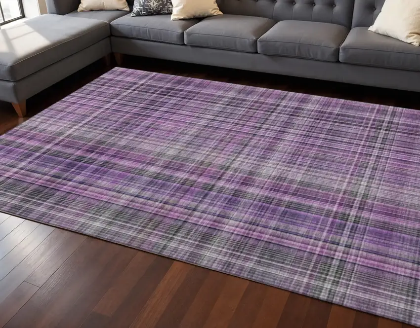 Purple And Gray Plaid Washable Area Rug With UV Protection Photo 2