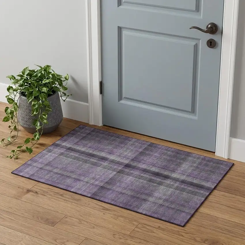 Purple And Gray Plaid Washable Area Rug With UV Protection Photo 1